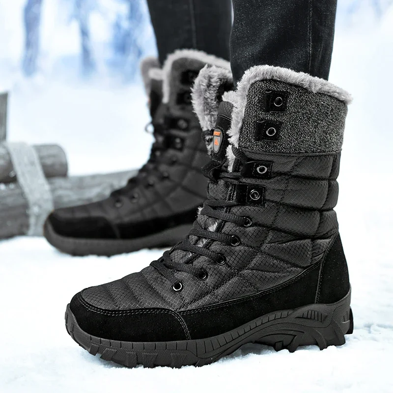 Botas de caminhada de couro impermeável para homens, super quente, top alto, tamanho grande, tênis ao ar livre, botas de neve de inverno, alta qualidade