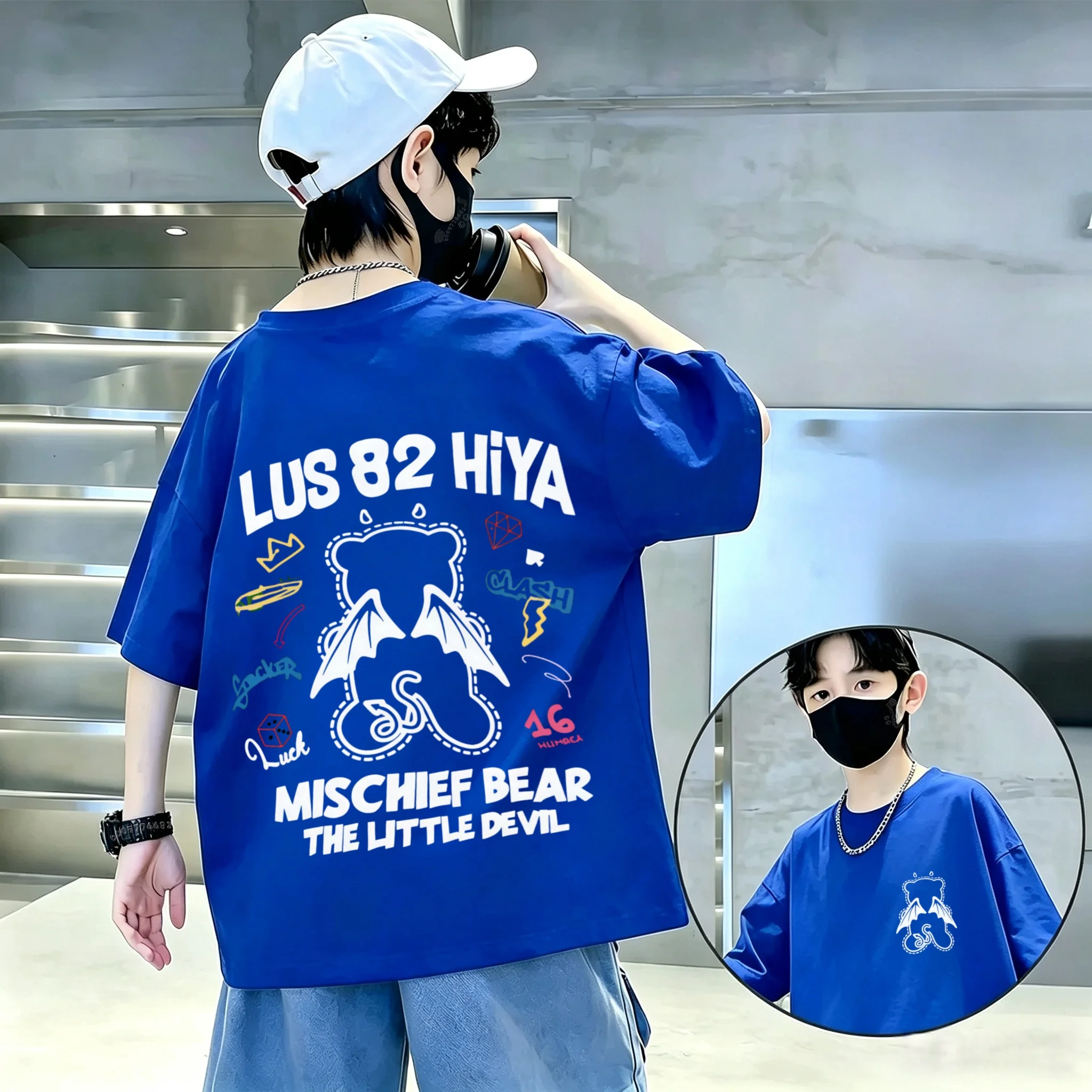 Fashionable Fun Wings Teddy Bear Two-Sided Printed Cotton T-Shirt for Boys and Girls - Comfortable Round-neck Top for Children