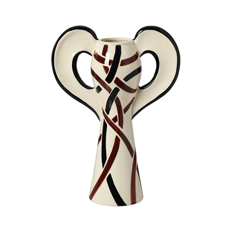 Nordic modern hand-painted lines big ears ceramic vase model house living room entrance flower arrangement designer