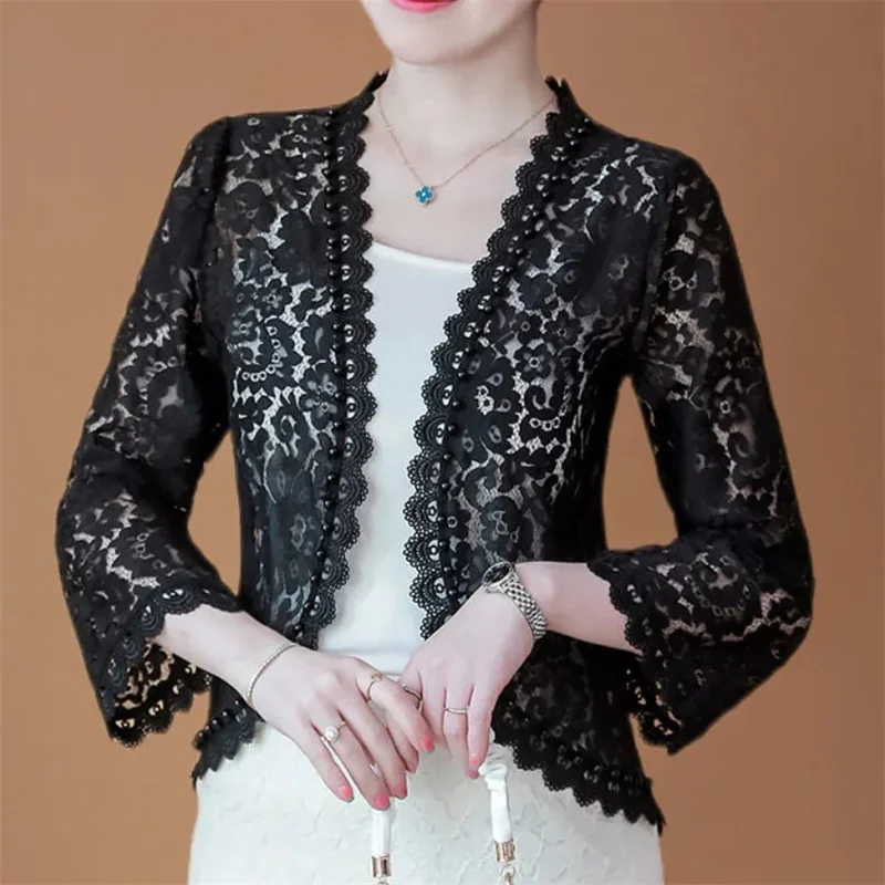 

Woman Clothing Women Jacket Summer new Cheongsam With Lace Openwork Thin Joker Fashion Shawl Grade Sunscreen Short Women Coat