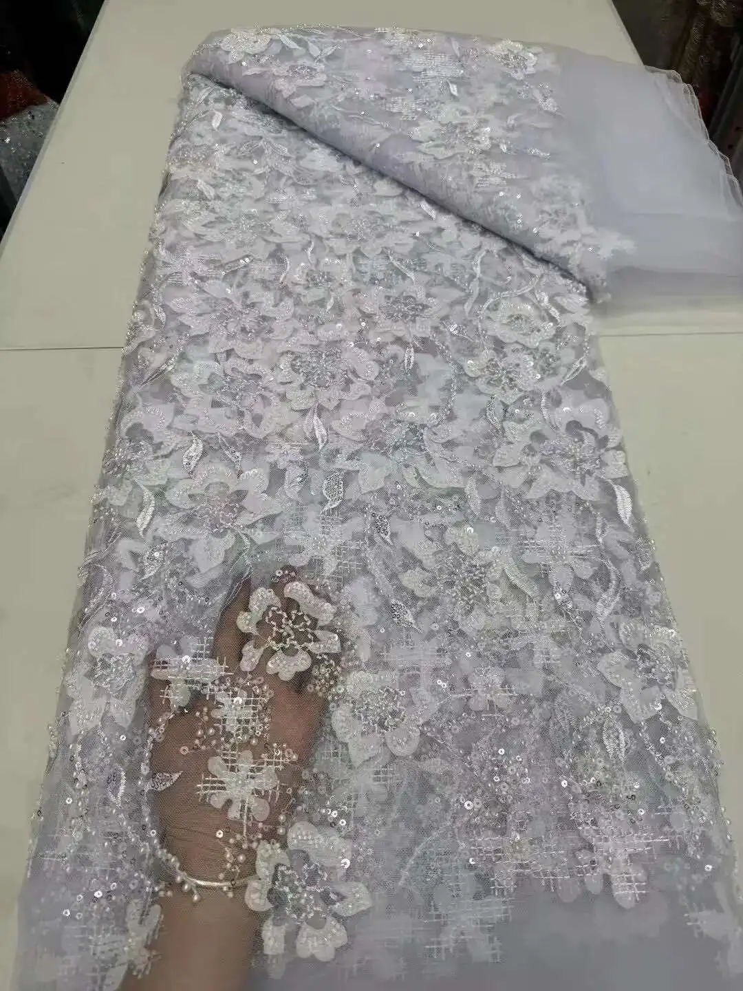 

Luxury African Beads Lace Fabric 2025 High Quality French Groom Embroidery Sequins Lace Fabrics For Christmas Sewing