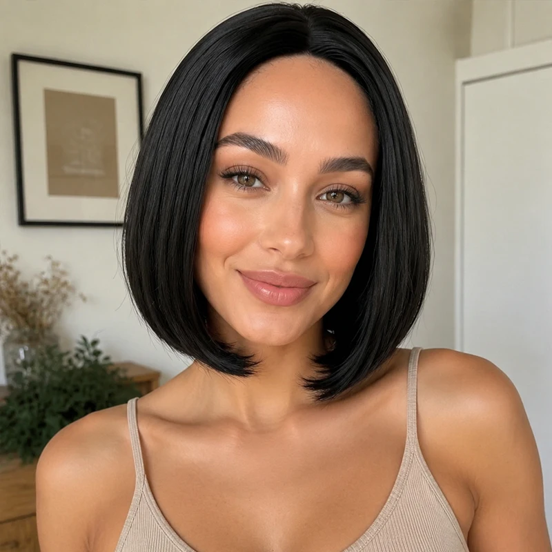 12-inch black wig, synthetic, center-parted, smooth, short, natural-looking hair, elegant and trendy natural style for women.
