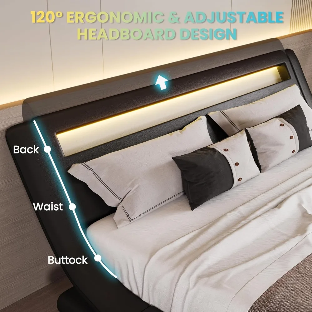 Estrutura de cama moderna totalmente estofada com cabeceira LED / base de colchão / sem necessidade de molas / suporte de ripas de madeira resistente