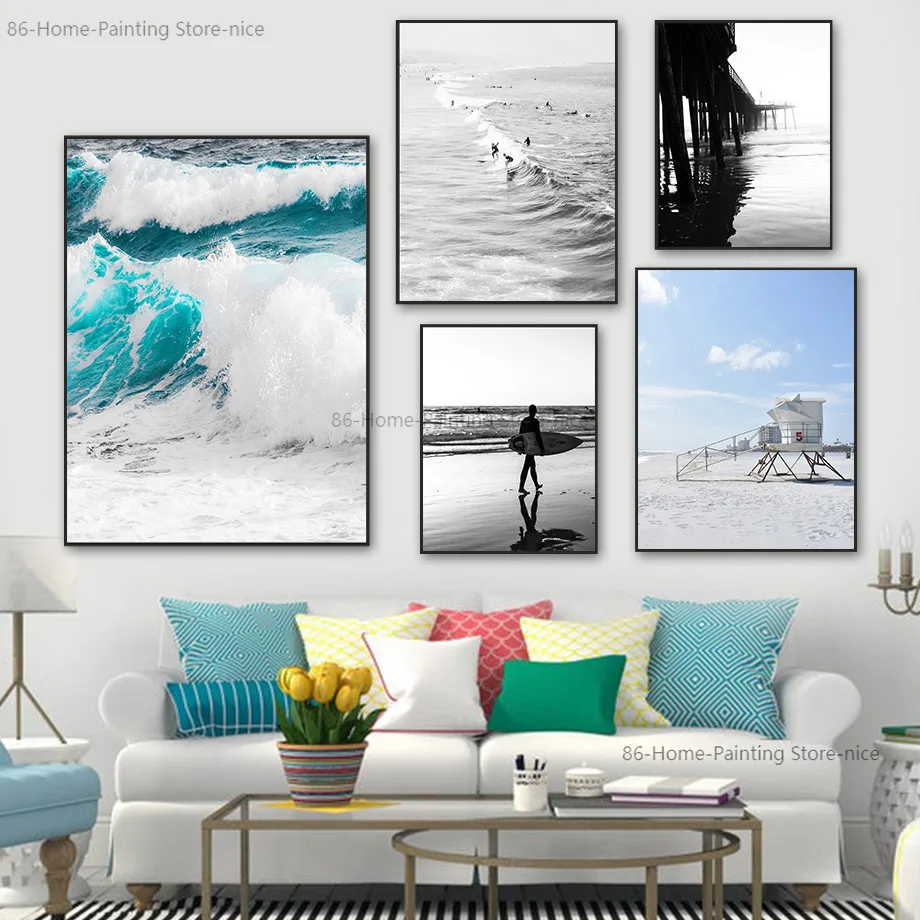 Landscape Ocean Beach Surfer Waves Wooden Bridge Picture Wall Art Canvas Painting Nordic Poster and Print Living Room Home Decor