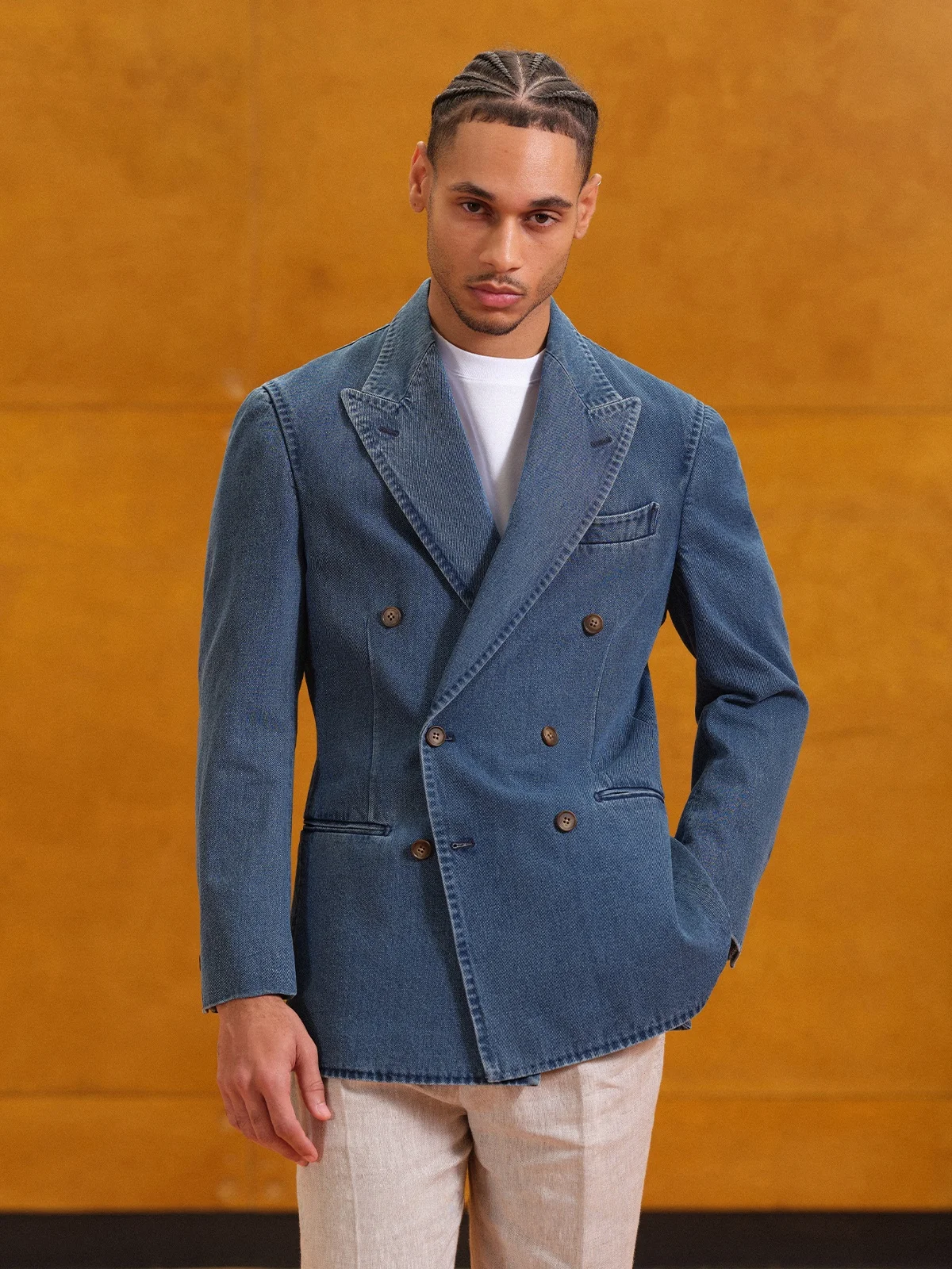 

Cultum Italian Sle Men's Denim Suit Double Breasted Notched Lapel Waable Structured Cotton 00 Busin Casual Coat