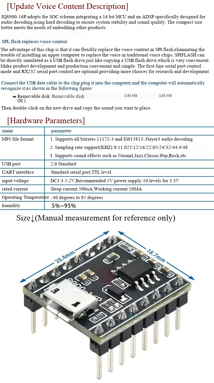Sprachausgabe-Modul, individuell angepasste Musik, intelligente Sprachausgabe, USB-Seriellport, MP3-Erkennungsmodul, JQ8900-16P – Detail 4