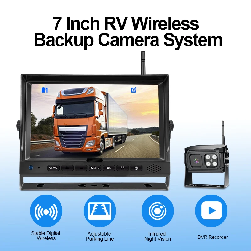 7 Inch Digital Wireless Backup Camera Monitor System DVR Recorder Reversing Aid System For Truck RV, with Night Vision