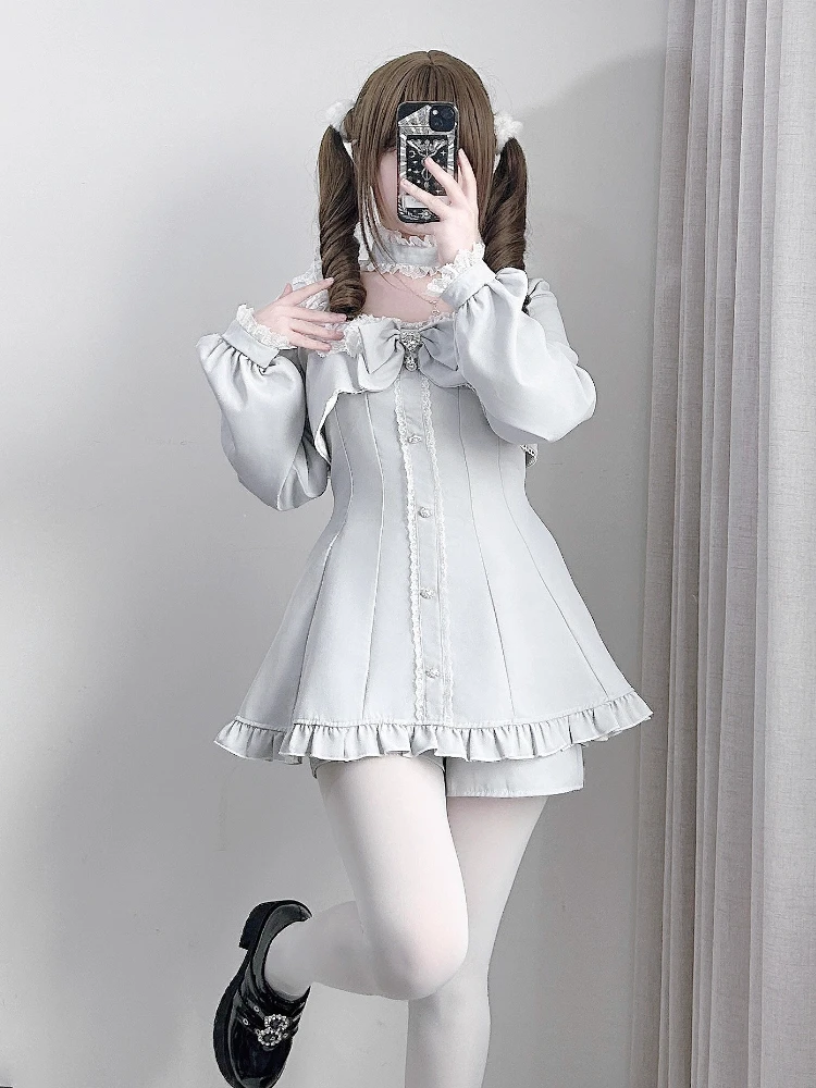 Japanese Style Mass-Produced Lace Square Collar Long Sleeve Ruffles Short Dress Top High Waist Shorts Two-Piece Set for Women