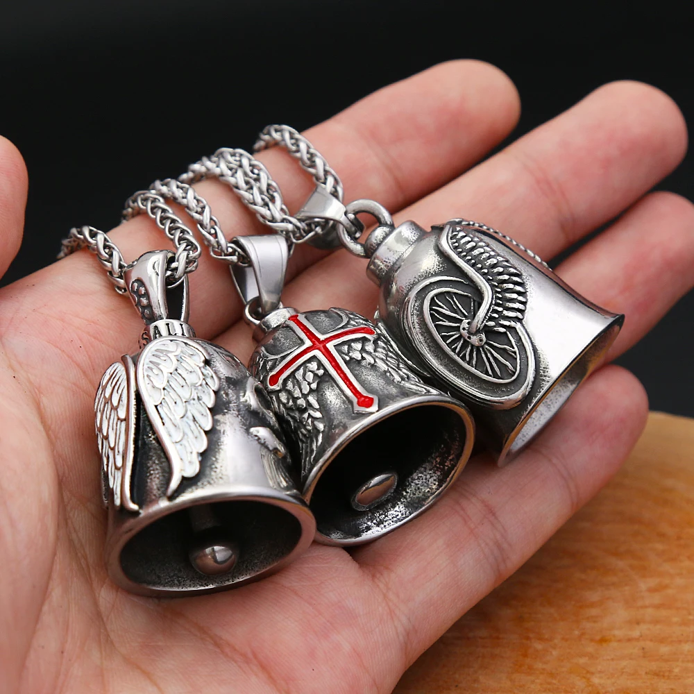 Vintage Edelstahl Motorrad Glocke Anhänger Halskette Für Männer Rock Party Schmuck Geschenk Hipster Kreuz Pfeil Charme Halsketten