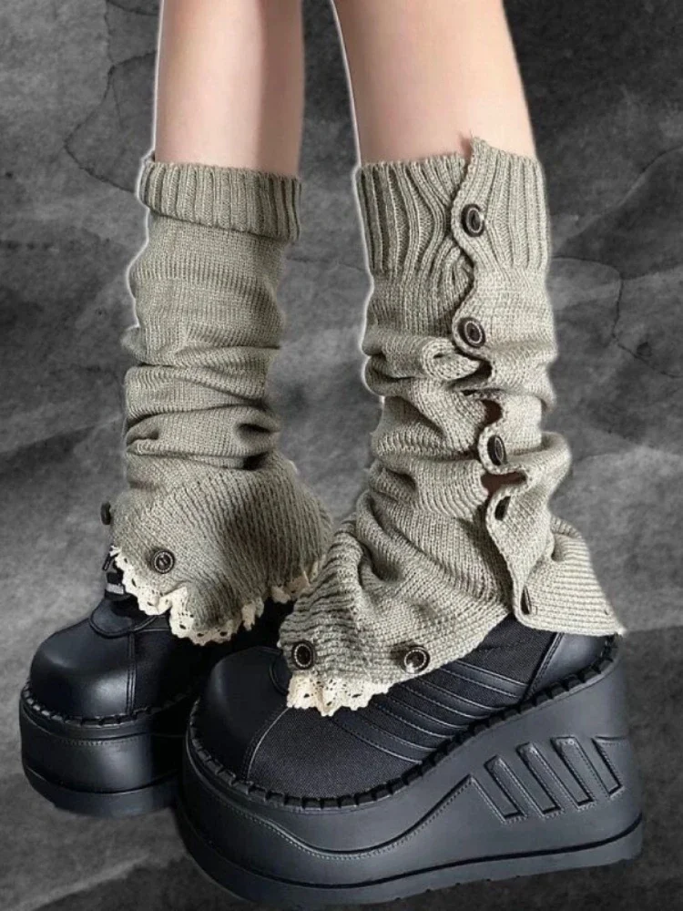 New Grey Ankle Warmers Y2K Subculture Lolita JK Cute Leg Warmers Women Japanese Knitted Button Lace Trim Foot Covers Boot Socks