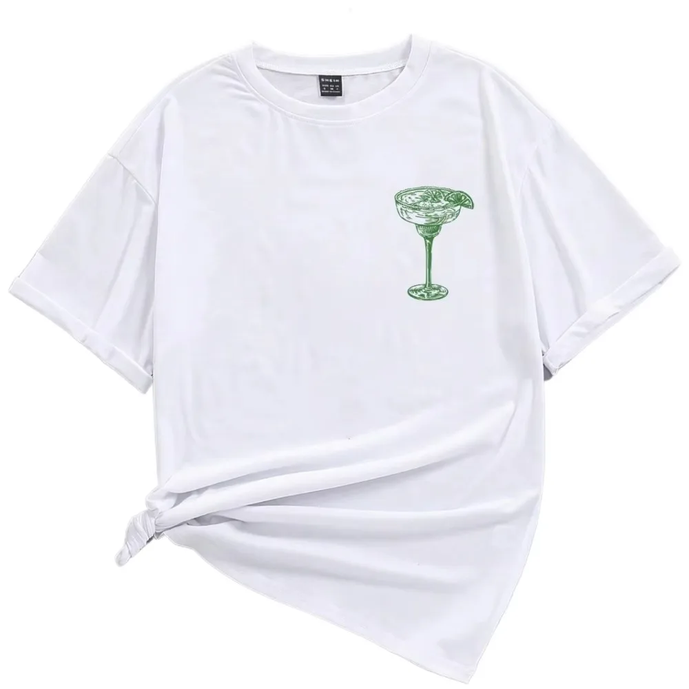 

Женская летняя свободная футболка, коктейльный принт Мартини, белая футболка с короткими рукавами и графическим рисунком, женские топы