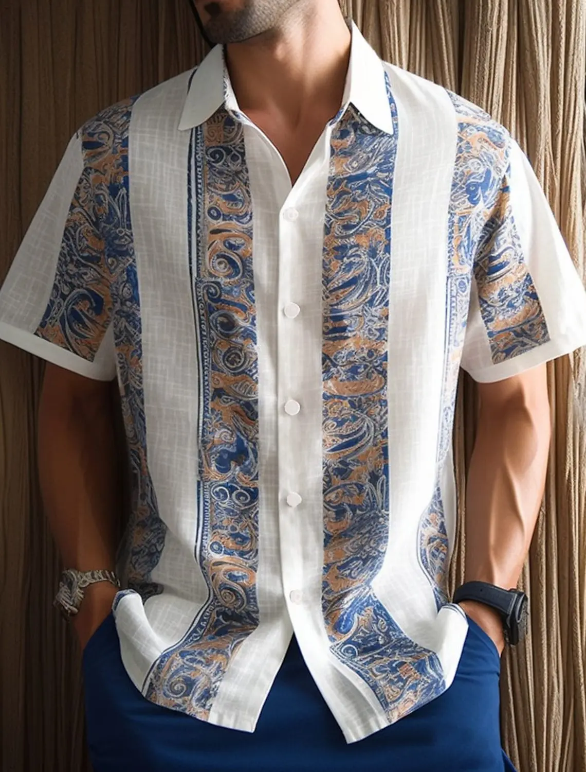 

2025 New Men's Natural Print Ethnic Style 3D Printed Shirt Men's Lapel Short Sleeve Comfortable Breathable Casual Vacation Top
