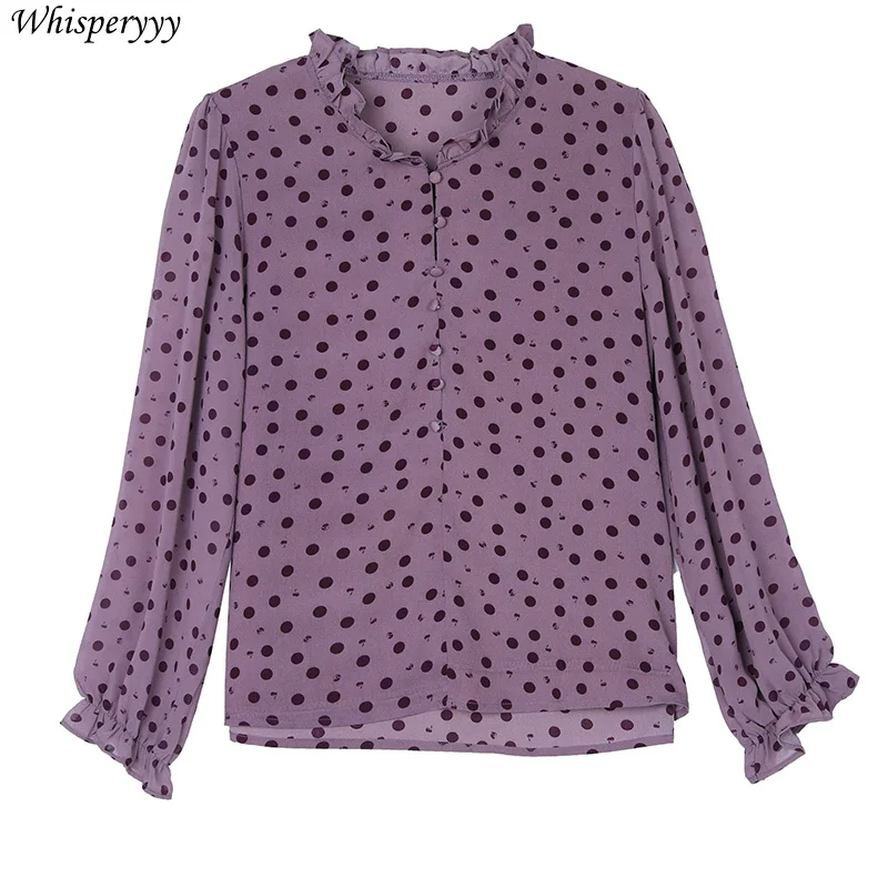 Chiffon Shirt Women's Polka Dot Tops Spring Summer Fashion Printing Round Neck Loose Camisas De Mujer Flare Sleeve Blouse