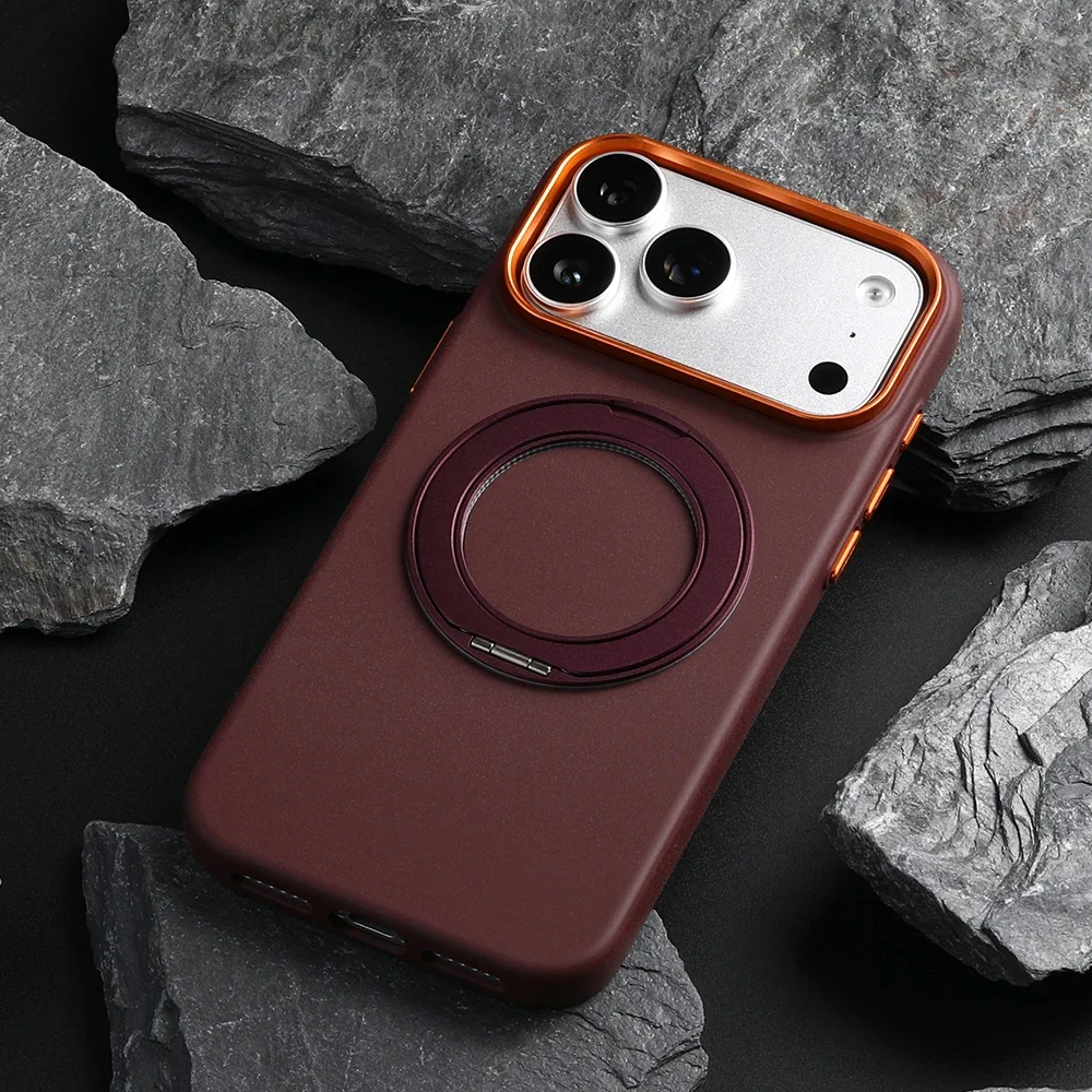 Cherry Red Rotation Holder Magnetic Charging Phone Case For iPhone 18 17 16 15 14 13 12 Pro Max Sandstone Texture Mgasafe Case