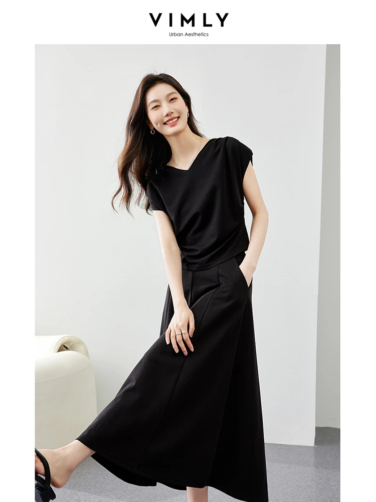 VIMLY Eleganckie damskie spรณdnice T-shirt Czarny dekolt w szpic Prosty top Spรณdnice z prostym stanem Zestaw letnich damskich strojรณw codziennych
