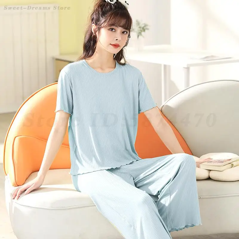 Ladies Loose Homewear Pajamas Sweet Solid Color Sleepwear Princess Soft Comfortable Loungewear Short Sleeved Trousers Nightwear