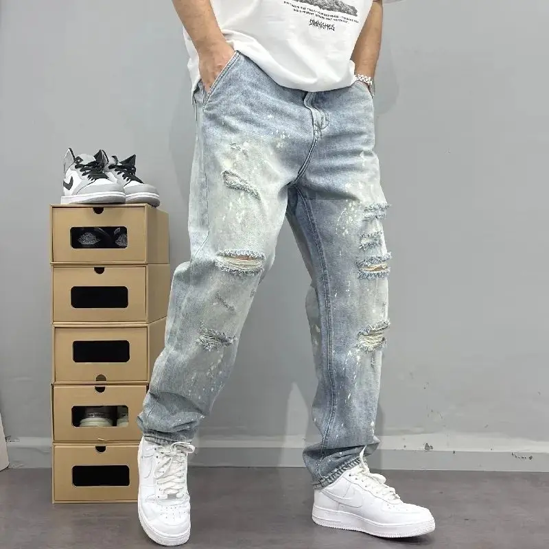 2026 Washed Light Blue Ripped Jeans Men's Straight High Street Trendy Brand Ragged Beggar Pants Large Size Trousers Cargo Pants