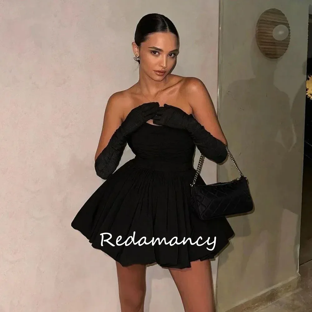 Redamancy Customized Short Black Strapless Homecoming Party Evening Dress Strapless Above Knee Ruched Cocktail Dress With Gloves