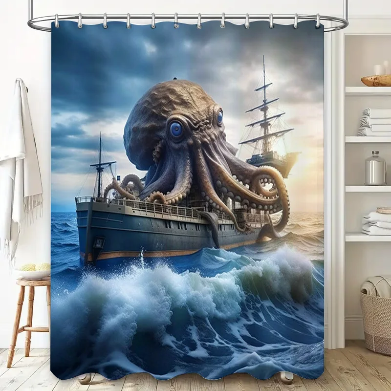 Underwater Adventure Shower Curtain Octopus Attack Design Blue Ocean Waves Decor Bathroom Fabric Waterproof for Kids Adults Bath