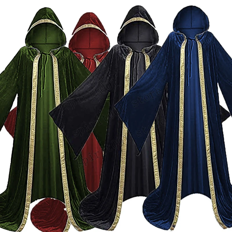 Medieval Cloak Coat Renaissance Vintage Hooded Long Cape Poncho Priest Wizard Robe Halloween Stage Show Costume