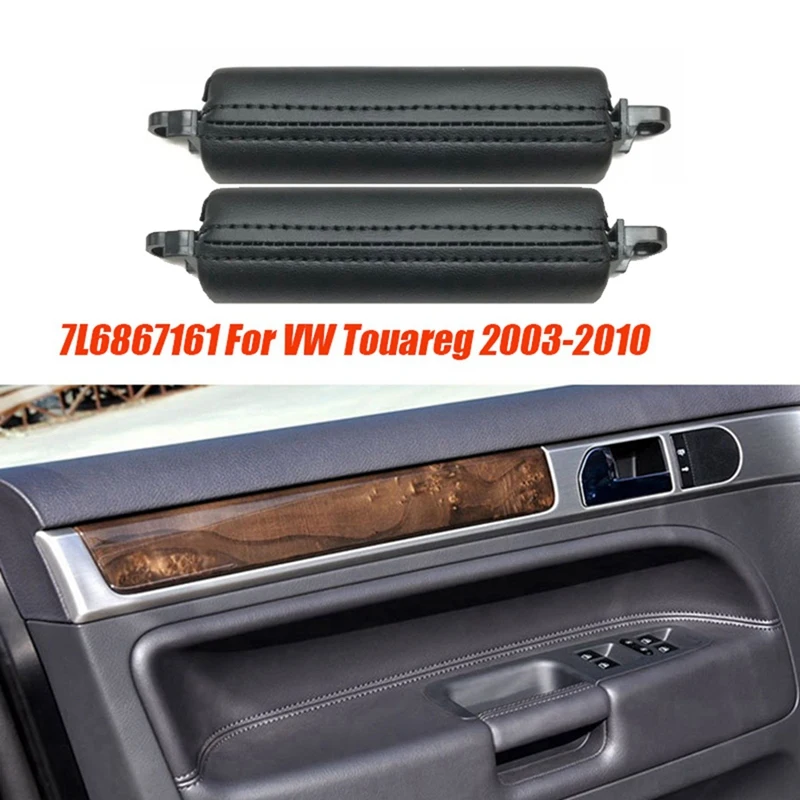 2PCS Car Front Door Handle Pull Trim PU Leather 7L6867161 For VW Touareg 2003-2010 Parts Side Door Handle Inner LHD RHD Black