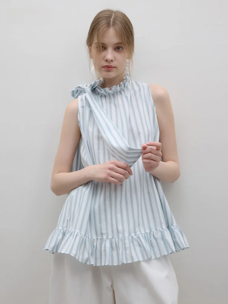 

Flowery Bubble Original Design Cotton Stripe irt Knowlable Girl Bow Tie Svel Top Breathable Summer Faion