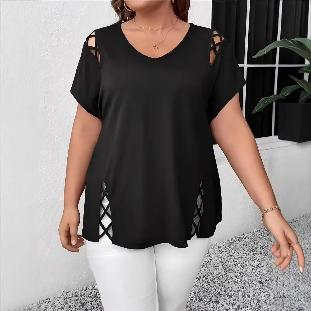 Women's V Neck Short Sleeve Loose Fit Solid Color Cut Out Streetwear T Shirt Women's T-shirts And Polos Female Clothing Blue
