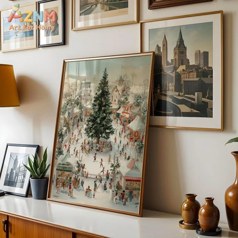 Vintage Christmas Winter Canvas Wall Art Snowy Town Square Large Xmas Tree Holiday Home Wall Print Unframed Canvas Poster