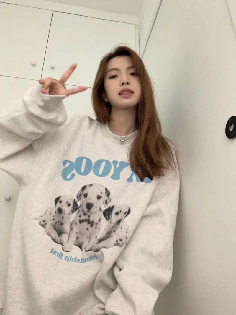 Y2k Sweet Kawaii Printed Women Hoodie O-neck Long Sleeve Loose Top Pullover Autumn Winter All-match Streetwear Sweatshirt Femme