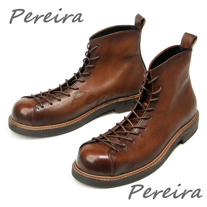 Vintage Brown Cowhide High-Top Shoes Summer Trendy Round Toe Lace-Up Motorcycle Boots Outdoor Versatile Men's Casual Shoes