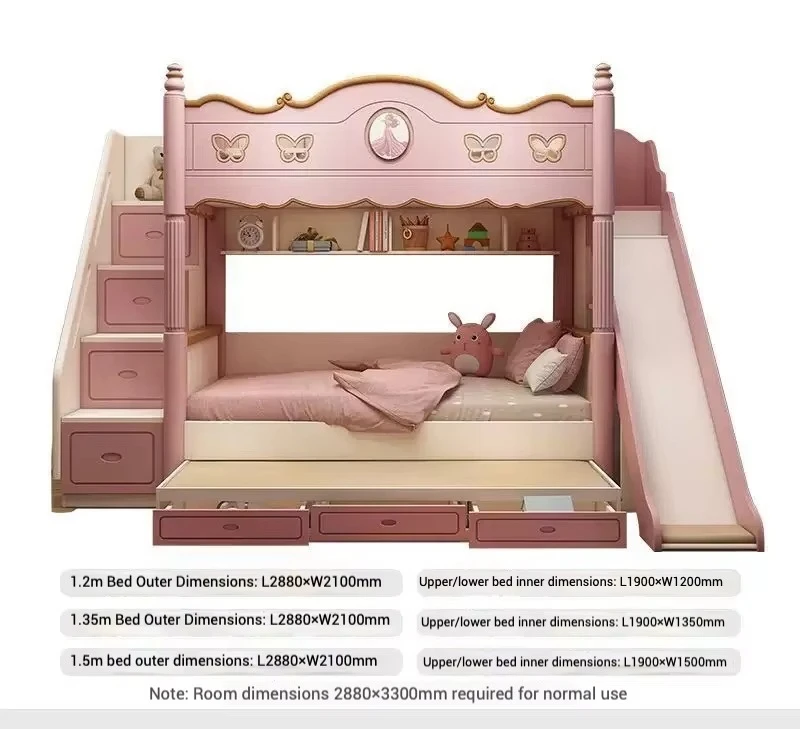 Cute Children's Wood Princess Bucking Two-Layer High Guardrail Slide Elevated Bed for Girls Living Room Modern Design