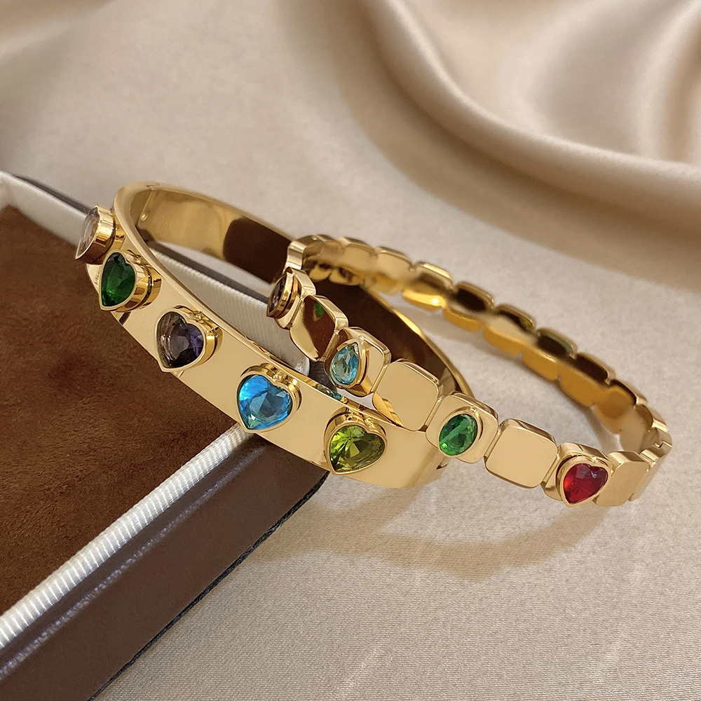 Greatera الملونة الهندسة حجر الراين مطعمة على شكل قلب الفولاذ المقاوم للصدأ سوار مطلي الذهب الفاخرة الكفة الإسورة مجوهرات هدايا