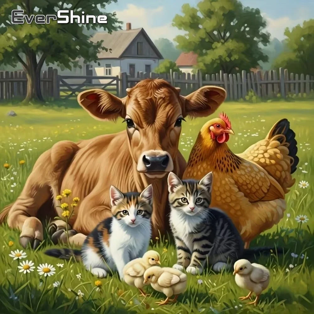 EverShine 5D DIY Mosaïque Diamant Bovin Animal Peinture Diamant Kit Chat Broderie Artisanat Poulet Acrylique Fournitures Loisirs Créatifs Enfant