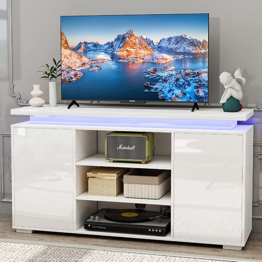 Gloss TV Stand Modern Entertainment Center with Storage 2 Doors for TVs up to 60 Inch Media Console Table with LED Lights Power