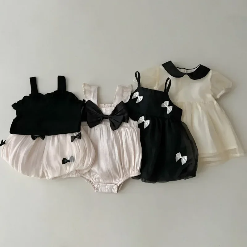 

2024 Summer Infant Girls Sleeveless Rompers Big Bow Elastic Camisole Dress Outwear Kids Baby Jumpsuits Lace Bloomers Bodysuits