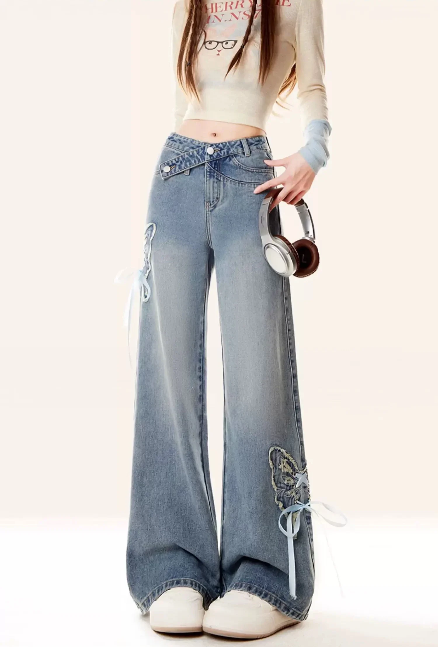 Pantalones vaqueros con lazo bordado azul Vintage para mujer Y2k Harajuku japonés 2000s pantalones vaqueros de vendaje de gran tamaño pantalones vaqueros holgados ropa de basura