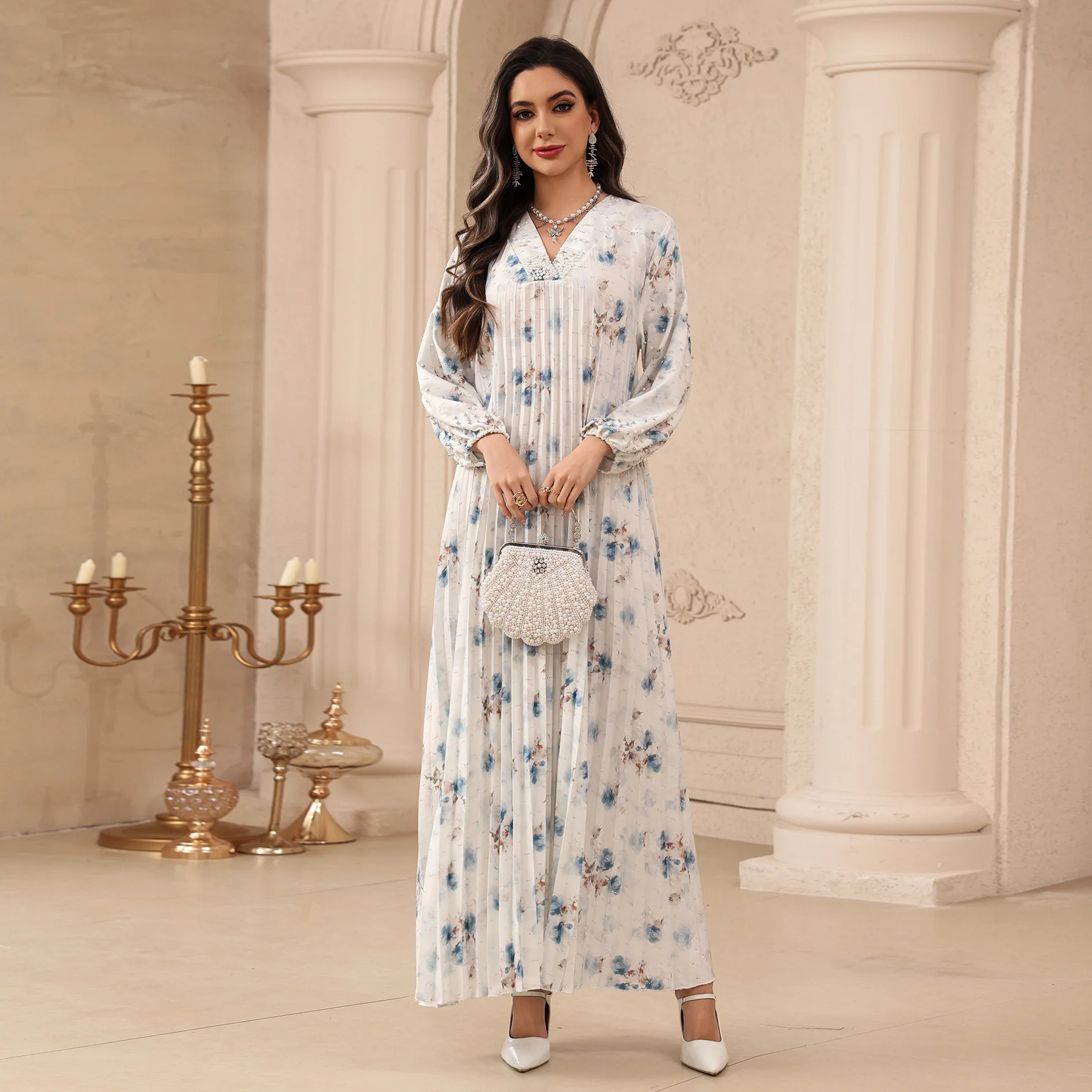 Eid Dress Women Muslim Print Abaya Dubai Dresses Beaded Ramadan Morocco Party Kaftan Pleated Vestidos Arab Long Robe Jalabiya