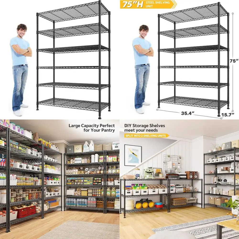 

6-Tier Adjustable Metal Wire Shelving Unit for Pantry Storage, 75 High, Supports 1200lbs, Ideal for Garage Organization