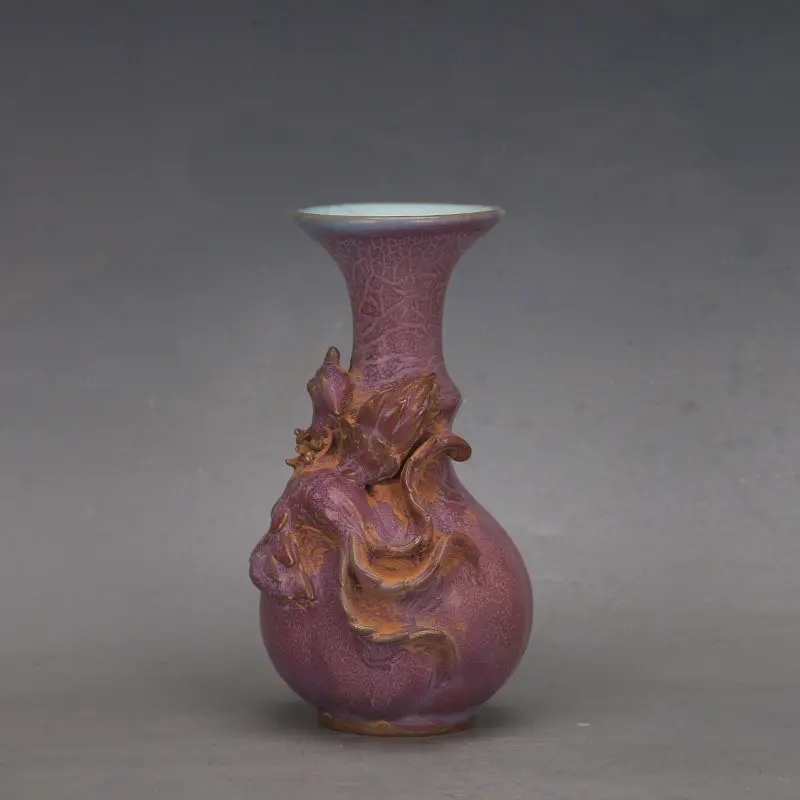 Chinese Antique Song Style Jun Ware Rose Purple Phoenix Pattern Melon Ribbed Vase Home Decor Collectible