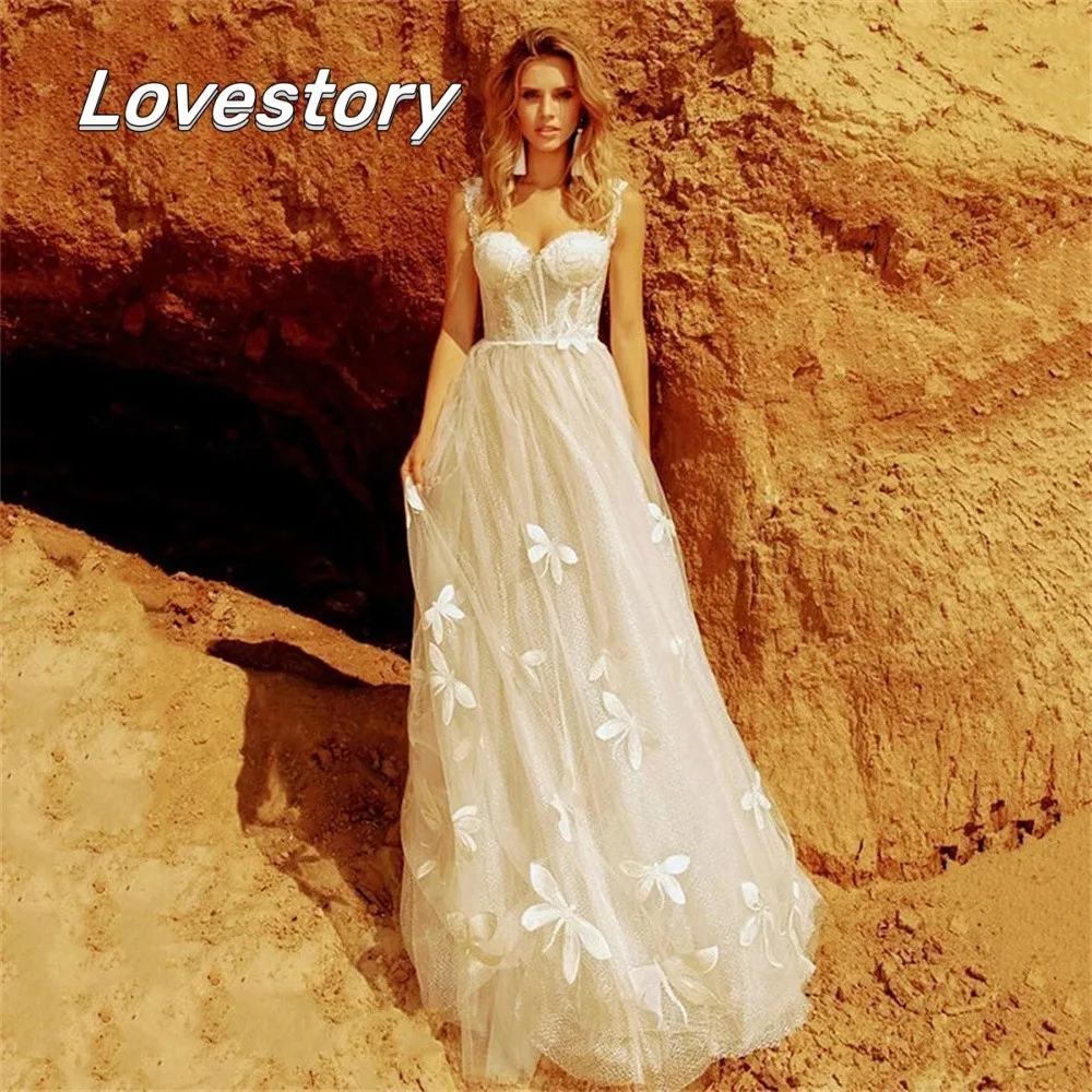 Beach A-Line Sweetheart Wedding Dresses Sexy Spaghetti Strap Lace Applique Bridal Gown Long Princess Bride Robe Vestido De Noiva