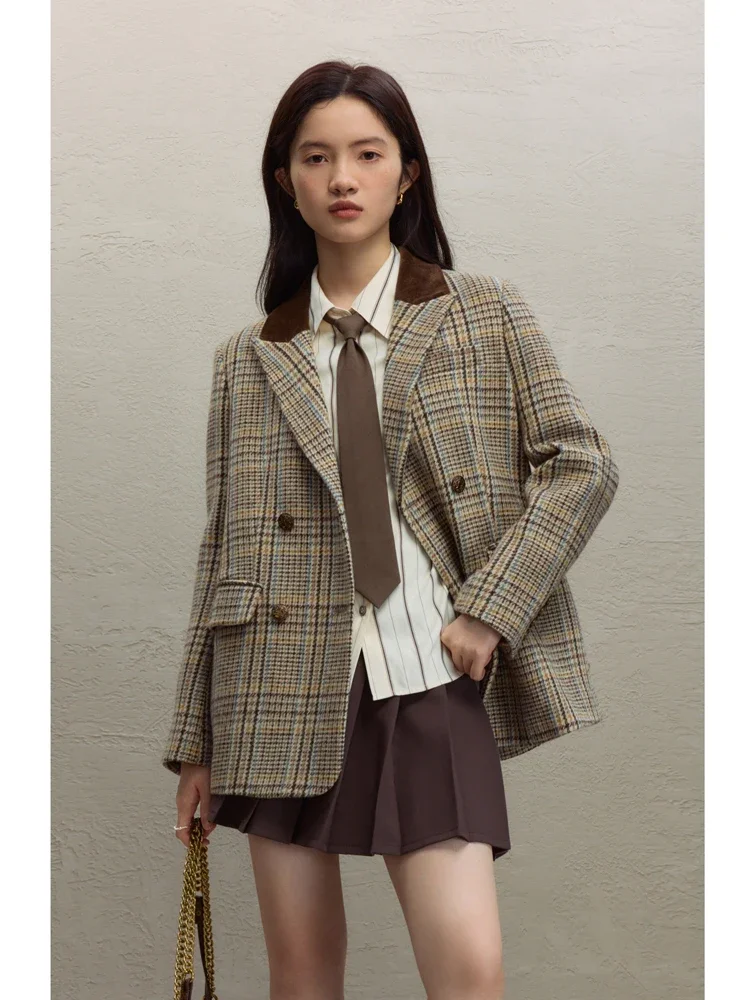 ZIQIAO 100% Wool Brown Retro Woolen Suit Jacket For Women\'s 2023 Winter New Plaid Short Jacket Solid Women Jackets Casual