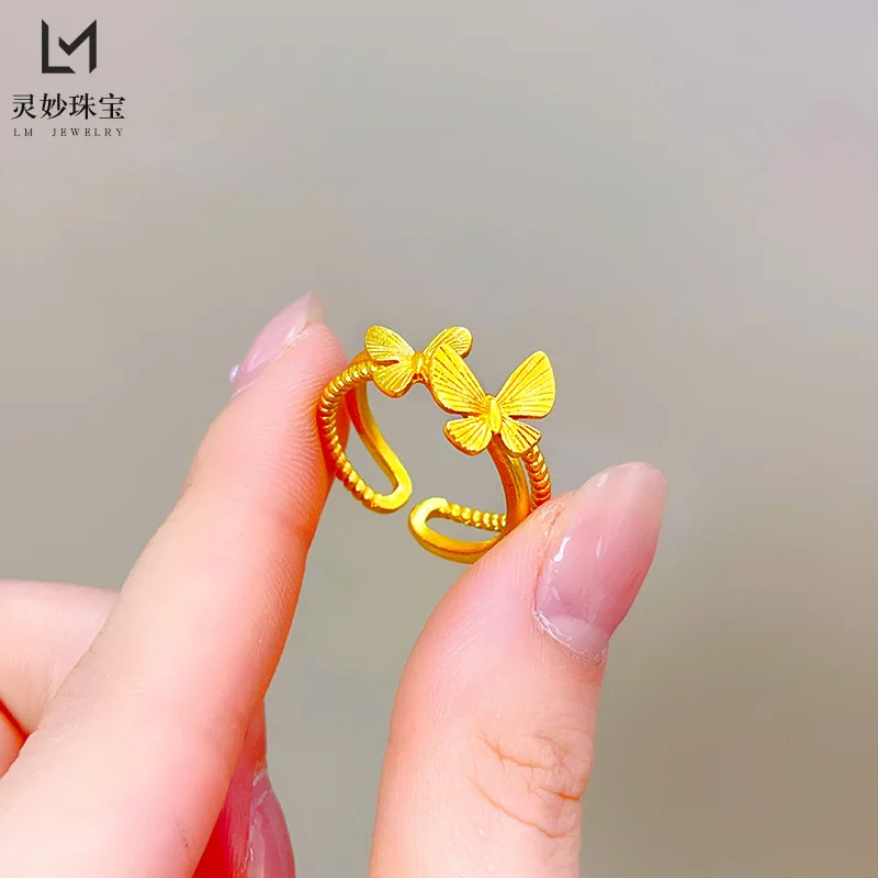 

9999 24K real gold luxury jewelry silk double butterfly ring with open mouth fashion three-dimensional solid gift for girlfriend