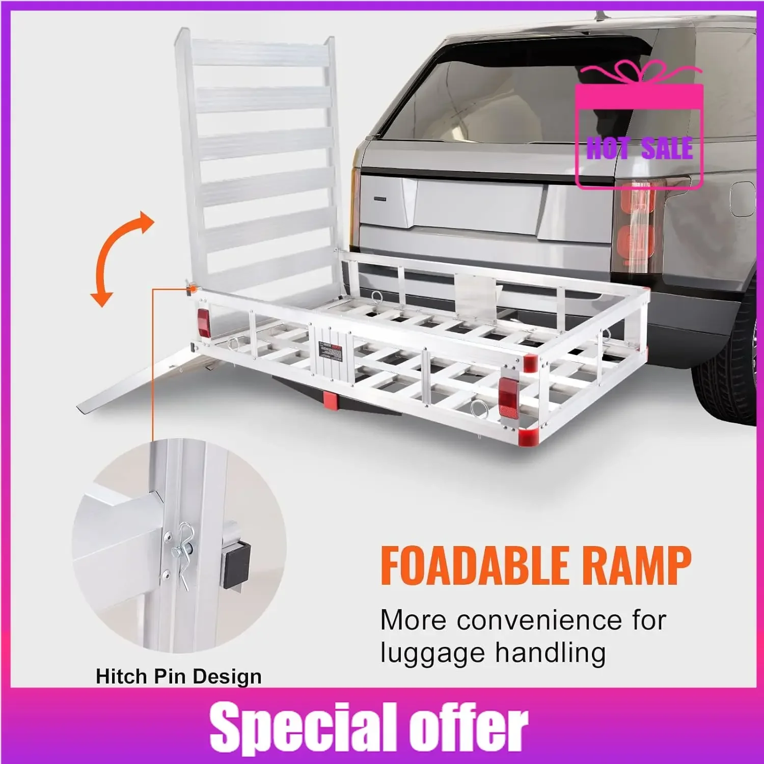 

Любимый грузовой багажник сцепного устройства, 50 x 29,5 x 8,7 дюйма, вместимость 500 фунтов, алюминиевый багажник со складной рампой, подходит для коммутатора 2 дюйма