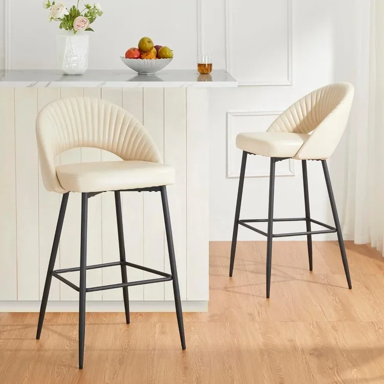 Modern Mid Century Leatherette Barstools Set of 4, 30”H Bar Height Faux Leather Bar Stools with Back Metal Legs