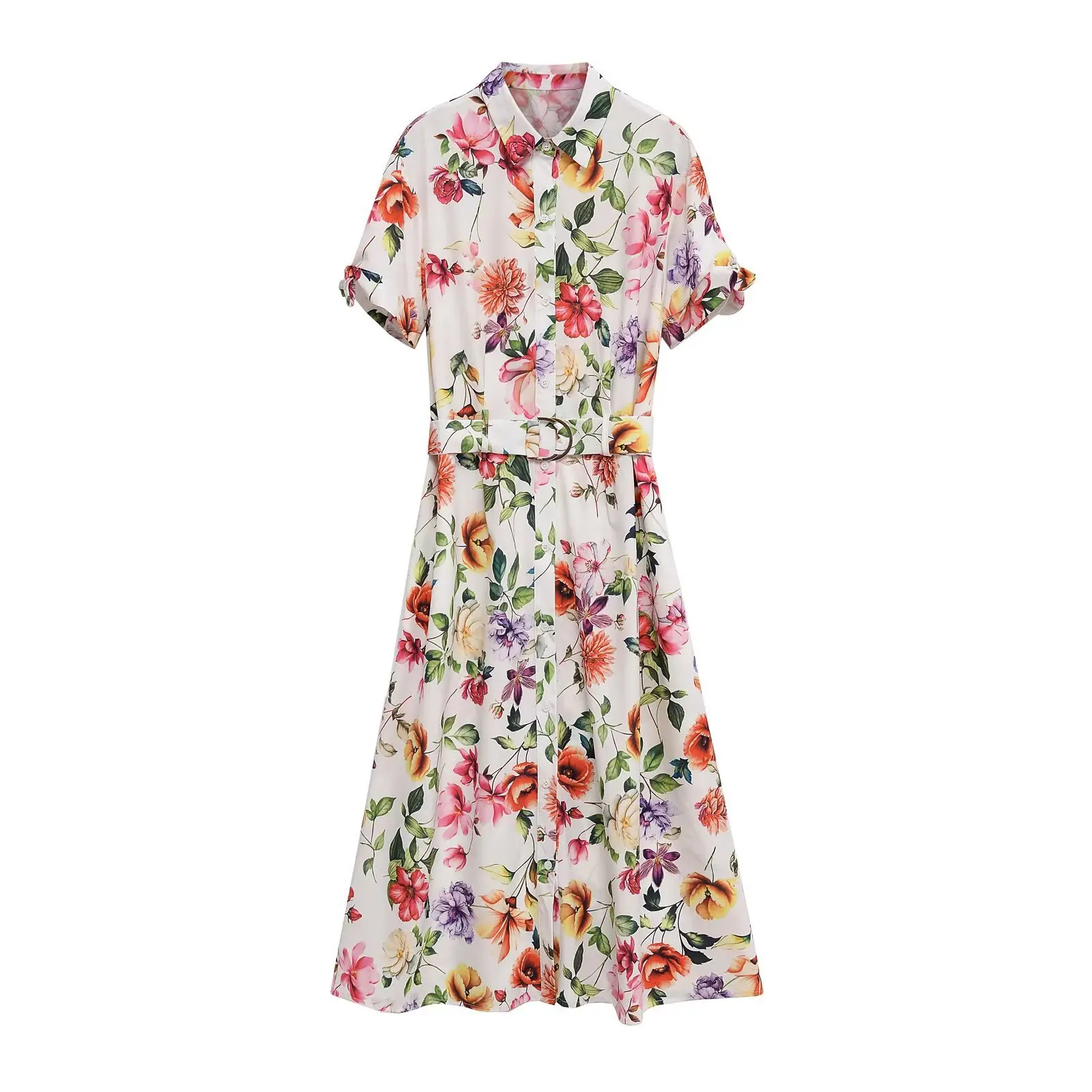 Damen-Sommerkleid, lässig, bedruckt, Popeline, Midikleid, Blumendruck, Reverskragen, kurze Ärmel, Blumenmuster, Kleid 2944340