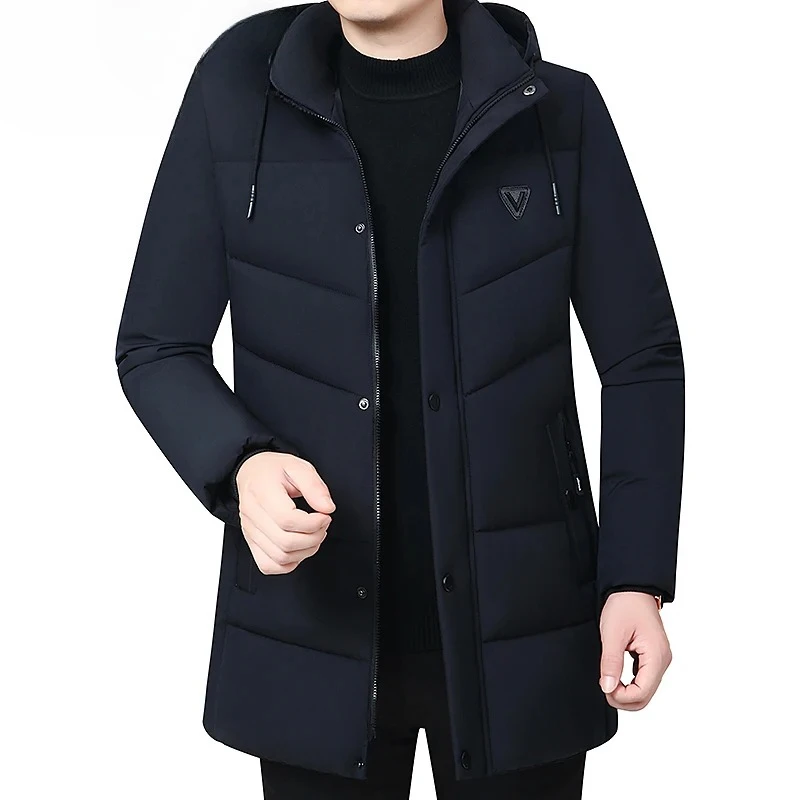 フード付き冬用ダウンコットンコート男性用パーカー肥厚ソリッドカラーパッド入りカーディガンミディ丈ジップアップメンズ暖かいジャケット