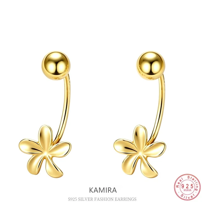 KAMIRA 925 Sterling Silver Flower C Shape Screw Back Earrings for Women Petal Floral Curved Hook Dainty Minimalist Jewelry
