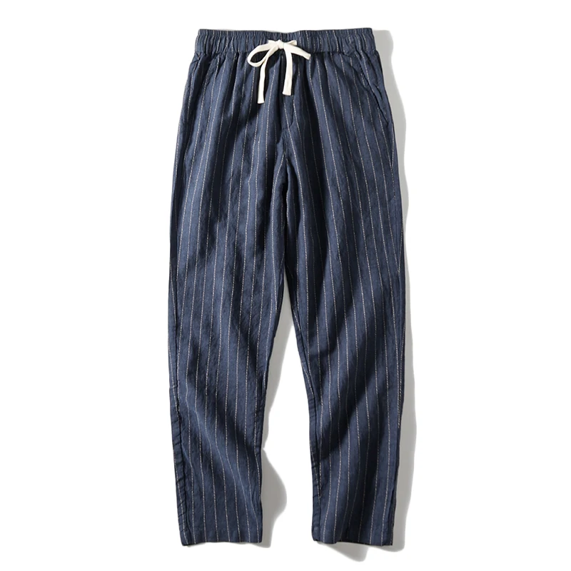 Cotton and Linen Comfortable Men\'s Fashion Trend Summer Pure Straight Stripe Thin Breathable Solid Color Loose Casual Pants