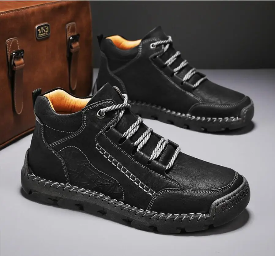 Men's Retro Handmade Mid-Calf Casual Shoes Trail Running Sneakers Simple and Stylish Walking Hiking Boots Autumn Flat Shoes