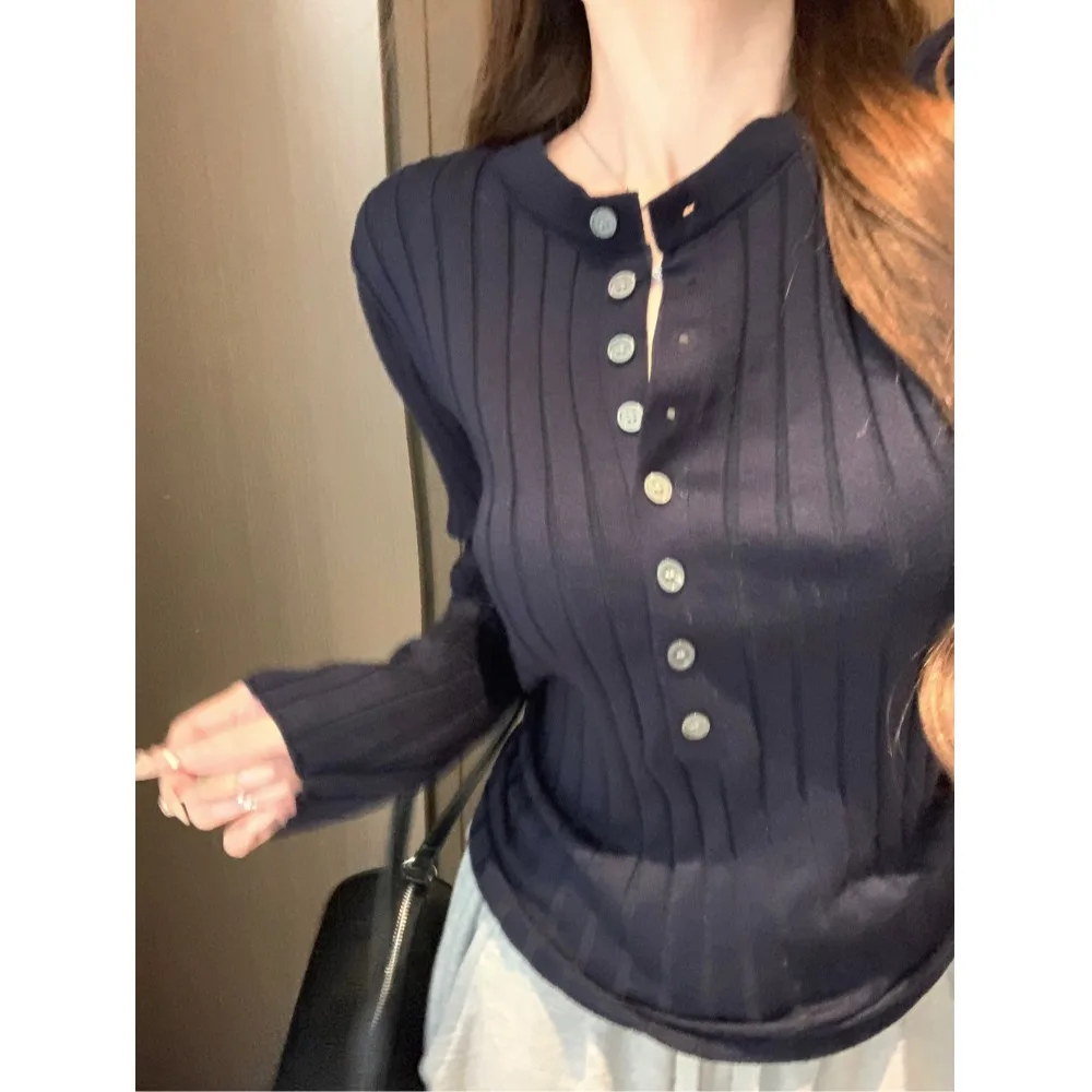 

Облегающий круглый свитер на пуговицах Ne Long Sve, женский модный корейский эластичный универсальный осенне-зимний топ